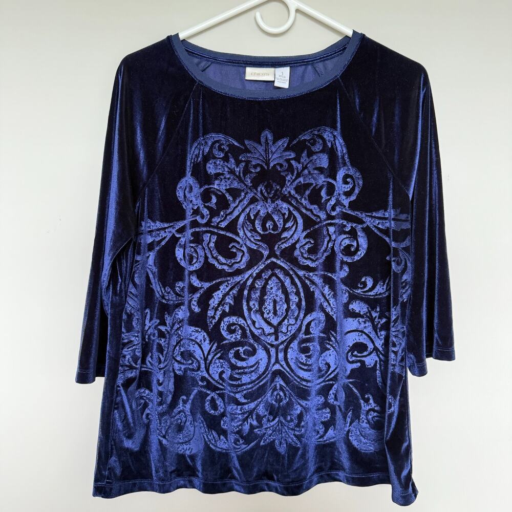 Chico's Women Whimsigoth Top Medium Velvet Burnout Sapphire Paisley Grunge Fairy - Picture 2 of 5